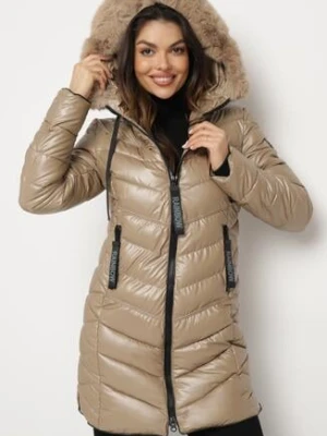Ciemnobeżowa Pikowana Kurtka z Kapturem i Futerkiem z Możliwością Odpięcia Elentina swest