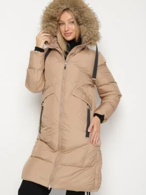 Ciemnobeżowa Pikowana Kurtka z Kapturem z Futrem i Ozdobnymi Taśmami Lendria j.style