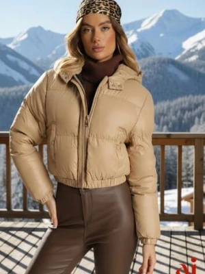 Ciemnobeżowa Pikowana Kurtka z Nieodpinanym Kapturem o Krótkim Kroju Tinneira jstyle