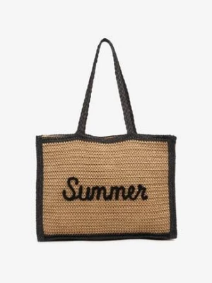 Ciemnobeżowa Plażowa Torebka Shopper z Plecionki Ozdobiona Napisem Lilauri