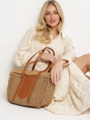 Ciemnobeżowa Plażowa Torebka Typu Shopper z Ozdobnej Plecionki z Dwoma Regulowanymi Paskami Karsaia