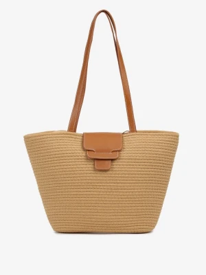 Ciemnobeżowa Pleciona Torebka o Fasonie Koszyka z Rączkami Corallie Beżowy