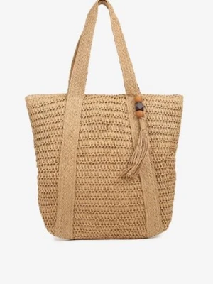 Ciemnobeżowa Pleciona Torebka Shopper w Stylu Plażowym z Ozdobnym Frędzelkiem Galvessa