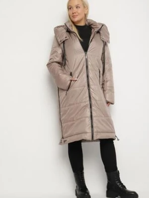 Ciemnobeżowa Przejściowa Kurtka Pikowana z Kapturem i Suwakami po Bokach Fesunela swest
