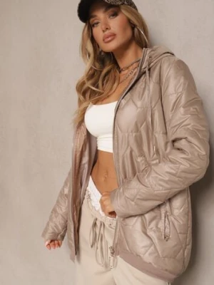 Ciemnobeżowa Pudełkowa Kurtka z Pikowanymi Przeszyciami i Kapturem Telaniela swest