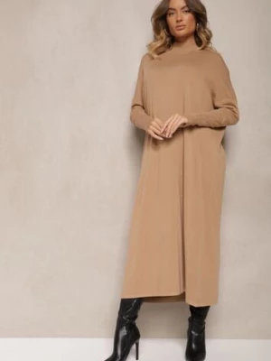 Ciemnobeżowa Pudełkowa Sukienka Sweterkowa z Wiskozą i Golfem Rinnine m&d fashion