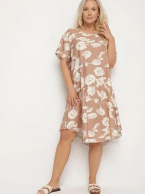 Ciemnobeżowa Pudełkowa Wiskozowa Sukienka ze Wzorem Kwiatów Aranessa j&x