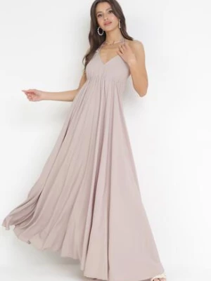 Ciemnobeżowa Rozkloszowana Sukienka Maxi z Wiązaniem na Szyi Cathenia rosa