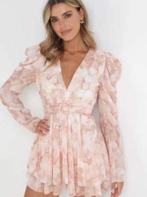 Ciemnobeżowa Rozkloszowana Sukienka Mini z Cienkimi Gumkami i Paskiem z Klamrą Jentria