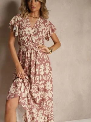 Ciemnobeżowa Rozkloszowana Sukienka w Kwiatowy Wzór z Paskiem Niloreia lovery