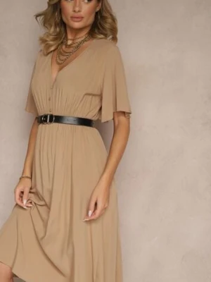 Ciemnobeżowa Rozkloszowana Sukienka z Bawełnianej Tkaniny Lirioneae defox