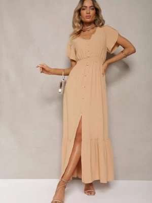 Ciemnobeżowa Rozkloszowana Sukienka z Gumkami w Talii z Guzikami i Rozcięciem Gafia h&s