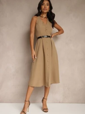 Ciemnobeżowa Rozkloszowana Sukienka z Guzikami Folunira lovery