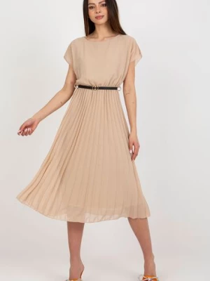 Ciemnobeżowa rozkloszowana sukienka z paskiem Italy Moda