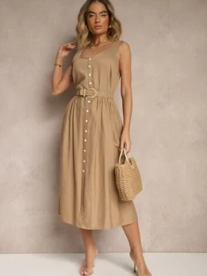 Ciemnobeżowa Rozkloszowana Sukienka z Wiskozy Ozdobiona Guzikami Nataviela cflo