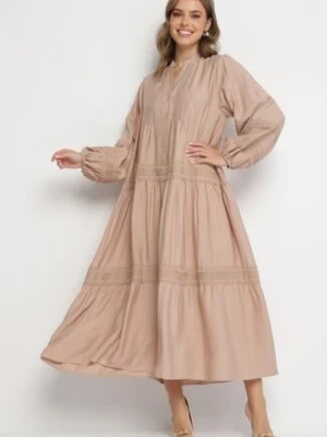 Ciemnobeżowa Rozkloszowana Sukienka z Wiskozy z Koronkowymi Wstawkami Nalanieth maja studio