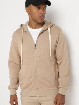 Ciemnobeżowa Rozpinana Bluza z Bawełną Kapturem i Ściągaczami Corira