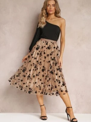 Ciemnobeżowa Spódnica Midi Tiulowa z Welurowymi Kwiatami i Gumką w Talii Zihrosa