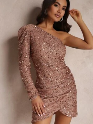 Ciemnobeżowa Sukienka Asymetryczna Cekinowa Ecie retro & icone