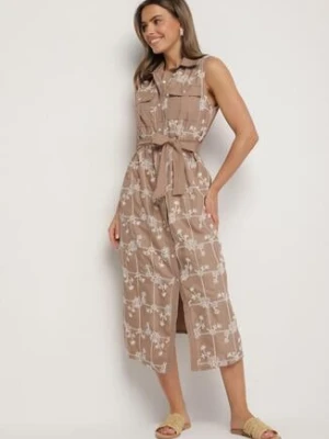 Ciemnobeżowa Sukienka Bez Rękawów o Koszulowym Kroju z Paskiem Zdobiona Haftem Fodarela rosa