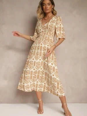 Ciemnobeżowa Sukienka Boho Rozkloszowana z Wiskozy z Odkrytymi Plecami Tuvria h&s