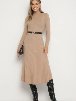 Ciemnobeżowa Sukienka Dzianinowa z Domieszką Wełny i Ozdobnym Paskiem Nirisia unigirl