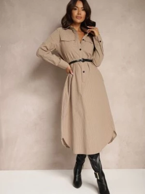 Ciemnobeżowa Sukienka Koszulowa z Guzikami Ozdobiona Imitacją Kieszeni i Paskiem Tintorella rosa