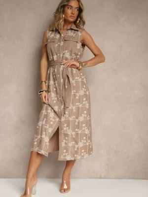 Ciemnobeżowa Sukienka Koszulowa z Wiązanym Paskiem i Haftowanym Zdobieniem Malenea rosa