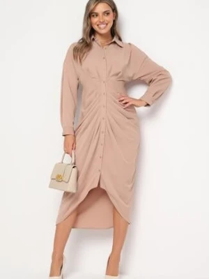 Ciemnobeżowa Sukienka Koszulowa z Wiązanym Paskiem i Marszczeniem Hinula bisou's project