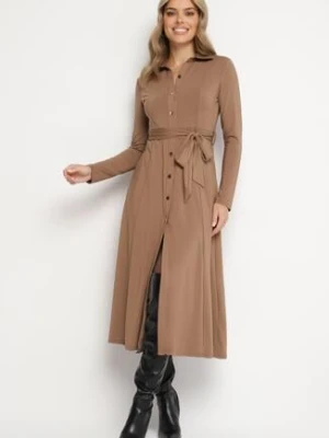 Ciemnobeżowa Sukienka Maxi o Koszulowym Fasonie z Wiązaniem mZynlee by swan