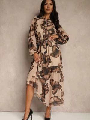 Ciemnobeżowa Sukienka o Pudełkowym Kroju w Kwiatowy Wzór Ozdobiona Paskiem Acexia lovery