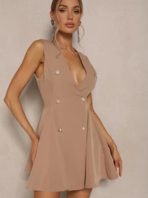 Ciemnobeżowa Sukienka o Rozkloszowanym Kroju z Guzikami Tallisca lovery