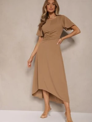 Ciemnobeżowa Sukienka o Rozkloszowanym Kroju z Marszczeniem Odarene lovery