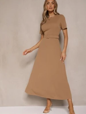 Ciemnobeżowa Sukienka o Rozkloszowanym Kroju z Ozdobnym Paskiem Desiliena lovery