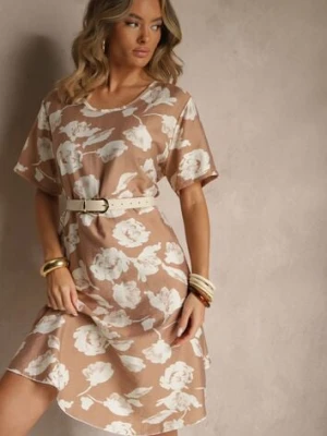 Ciemnobeżowa Sukienka Pudełkowa z Wiskozy w Kwiaty Aranolia j&x