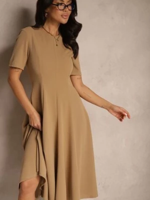 Ciemnobeżowa Sukienka Rozkloszowana o Taliowanym Fasonie Telaswena lovery