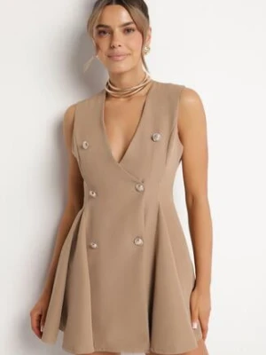 Ciemnobeżowa Sukienka Rozkloszowana Ozdobiona Guzikami Pallisna lovery