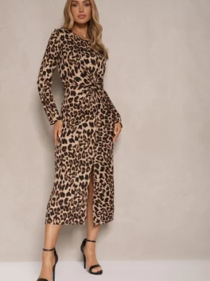 Ciemnobeżowa Sukienka w Panterowy Wzór Ozdobiona Rozcięciem i Marszczeniem w Pasie Saliaris retro & icone