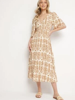 Ciemnobeżowa Sukienka Wiskozowa Rozkloszowana z Odkrytymi Plecami w Print Boho Turaisa h&s