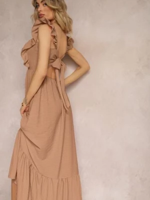 Ciemnobeżowa Sukienka z Wiązaniem na Plecach na Ramiączkach z Falbankami i Gumką w Pasie Rollas j&x