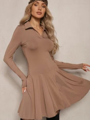 Ciemnobeżowa Sukienka z Wiskozą o Rozkloszowanym Kroju z Kołnierzykiem Ettoria lovery