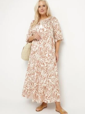 Ciemnobeżowa Sukienka z Wiskozy o Prostym Kroju z Wiązaniem w Roślinny Wzór Edirania j&x