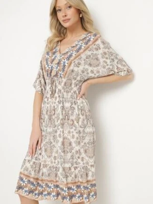 Ciemnobeżowa Sukienka z Wiskozy w Ornamentalny Wzór z Szeroką Gumką w Pasie Tanissla cflo