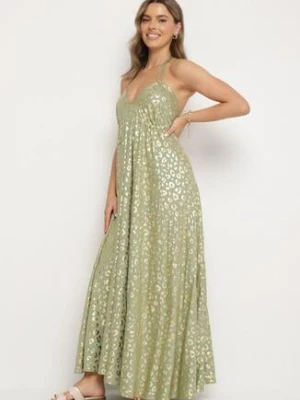 Zielona Sukienka z Wiskozy z Odkrytymi Plecami i Metalicznym Nadrukiem w Panterkę Linadea rosa