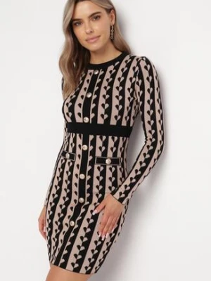 Ciemnobeżowa Sweterkowa Sukienka Mini w Geometryczny Wzór Carlas
