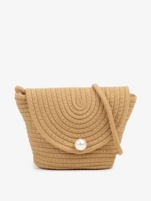 Ciemnobeżowa Szydełkowa Torebka z Bawełny Typu Listonoszka z Perełką Savrine caely