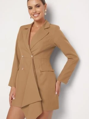 Ciemnobeżowa Taliowana Sukienka o Kroju Marynarki z Mini Trenem Besista lovery