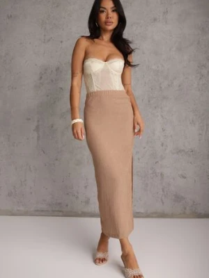 Ciemnobeżowa Teksturowana Spódnica Ołówkowa z Rozcięciem z Boku Piremilia glo-story