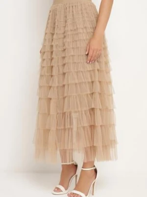 Ciemnobeżowa Tiulowa Spódnica z Falbanami i Gumką w Pasie Missalima rosse line
