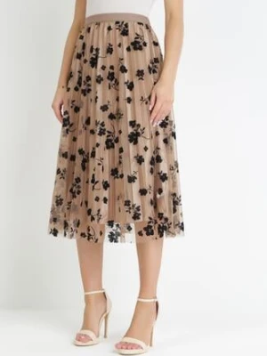 Ciemnobeżowa Tiulowa Spódnica z Welurowym Wzorem w Kwiaty i Gumką w Pasie Iyosi